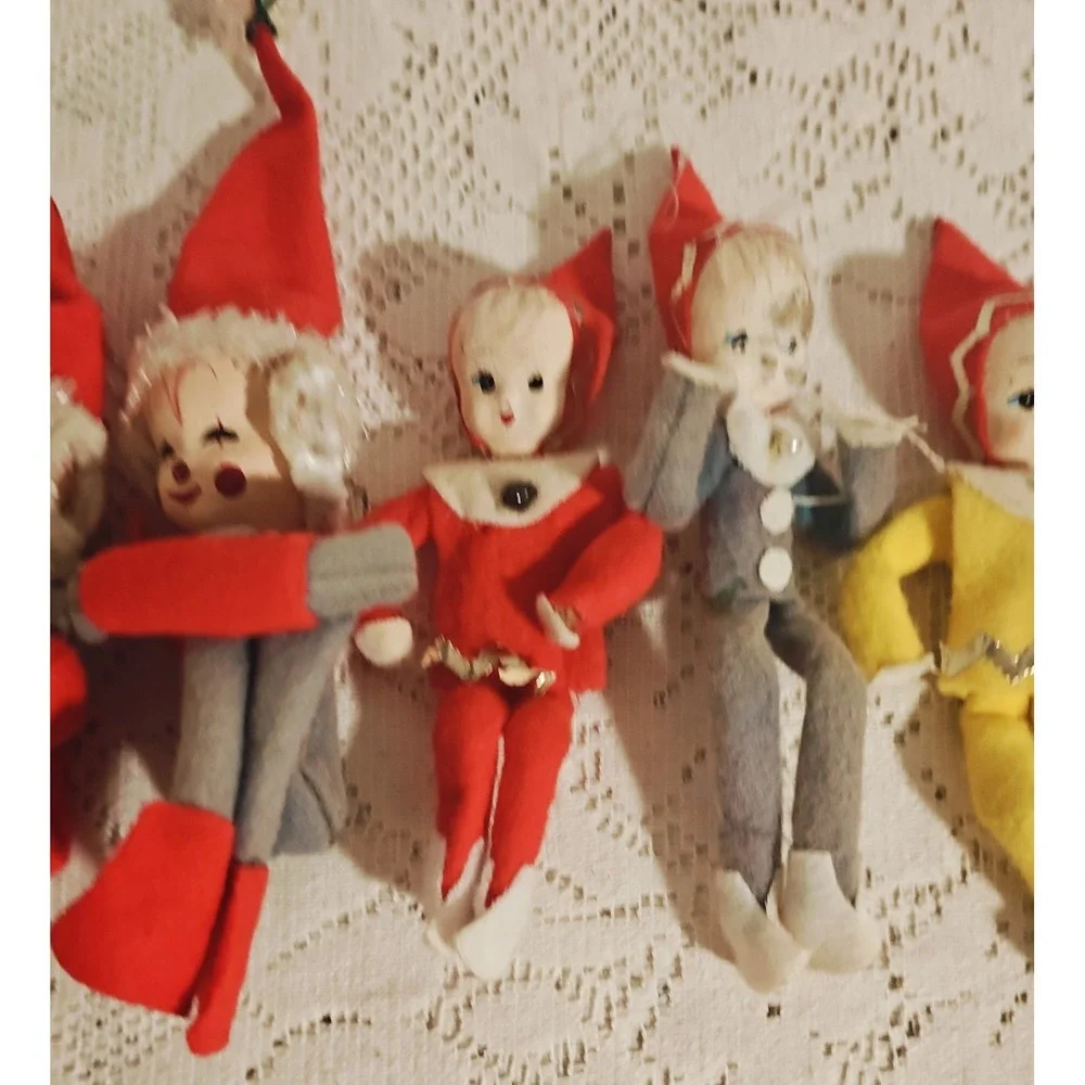 (Lot of 6) Vintage Elves  Knee Hugger Elf  Clown Elf  Japan Mcm Christmas